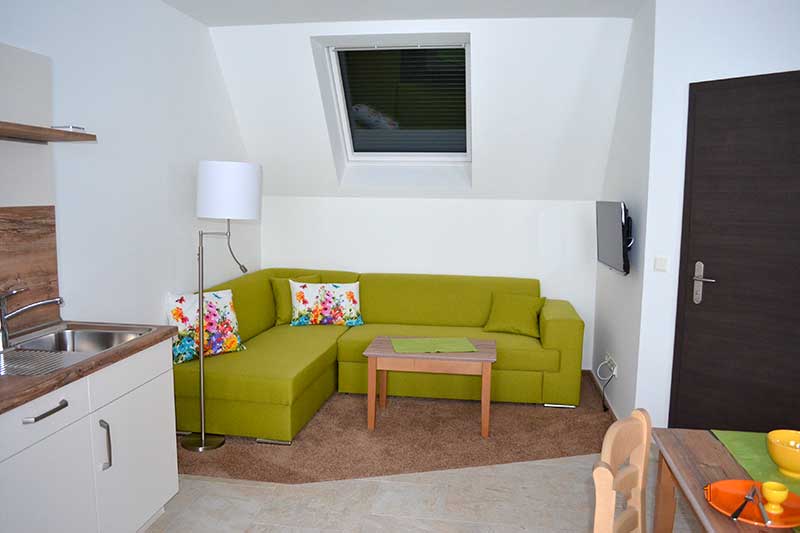 Wohnbereich mit Einnbauküche in der Ferienwohnung Wiesenblume